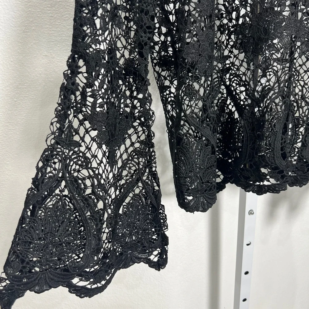Crochet Grunge‎ Lace Top Black Floral Sheer Bell Sleeve M Dark Fairy Whimsigoth - Picture 3 of 13